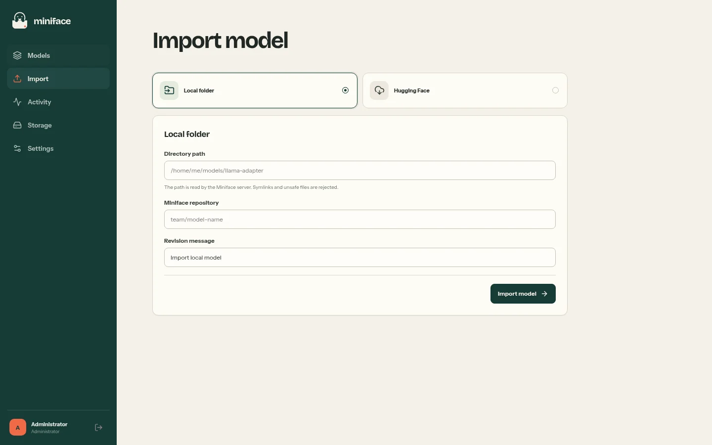 Miniface import form with local folder and Hugging Face source options