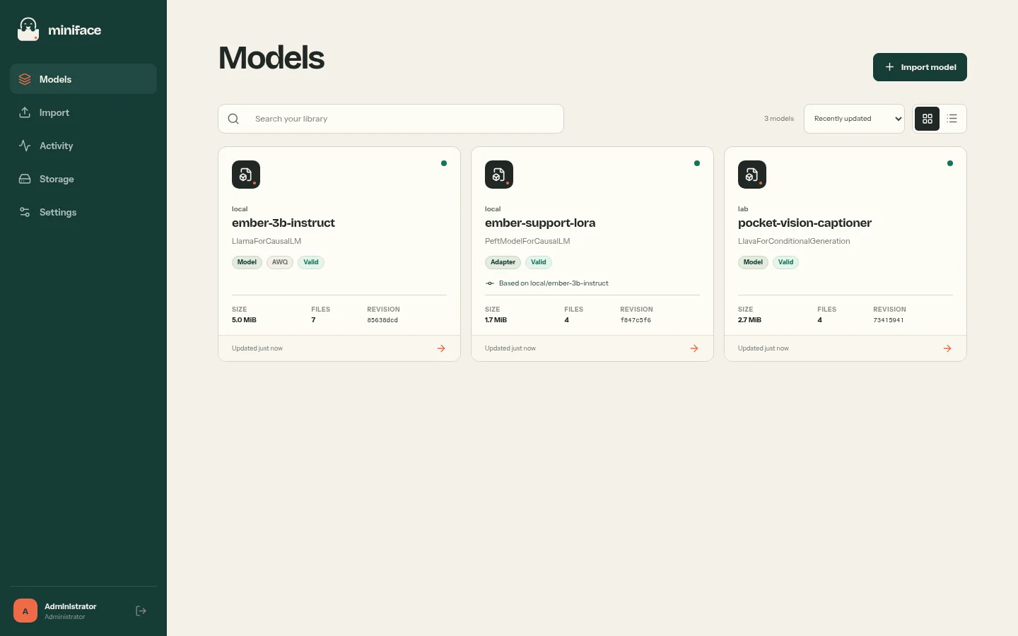 Miniface model library showing locally stored model repositories, architectures, revisions, and sizes